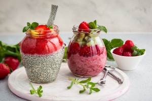 Chia seeds puddings with berries and fruits for breakfast